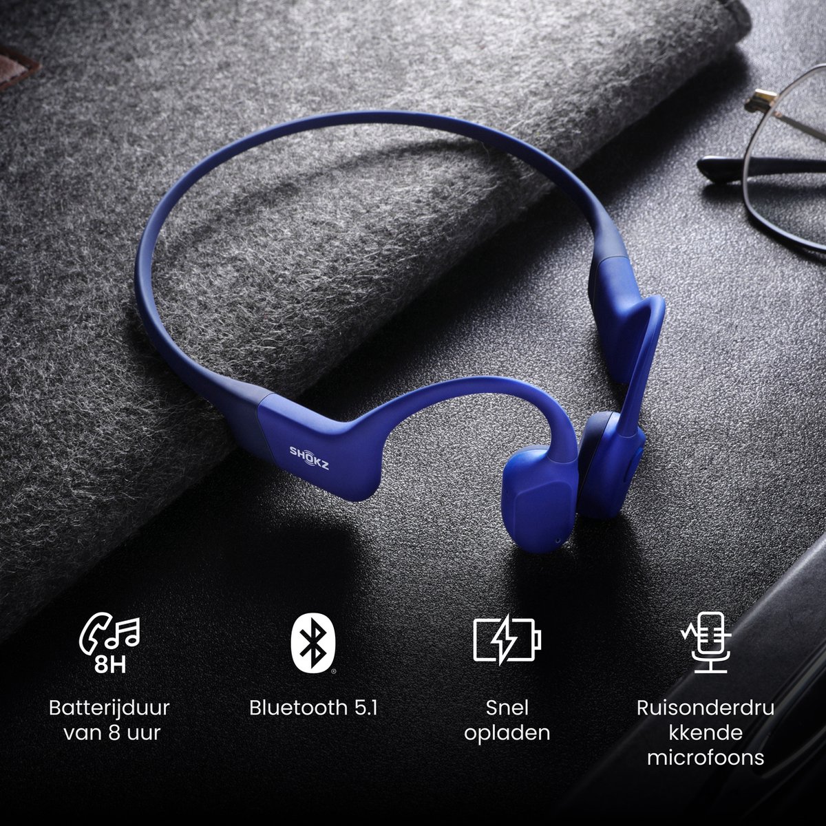 Shokz OpenRun USB-C Open-ear Sporthoofdtelefoon – Bone Conduction – Draadloos – IP67 – Blauw thumbnail 4