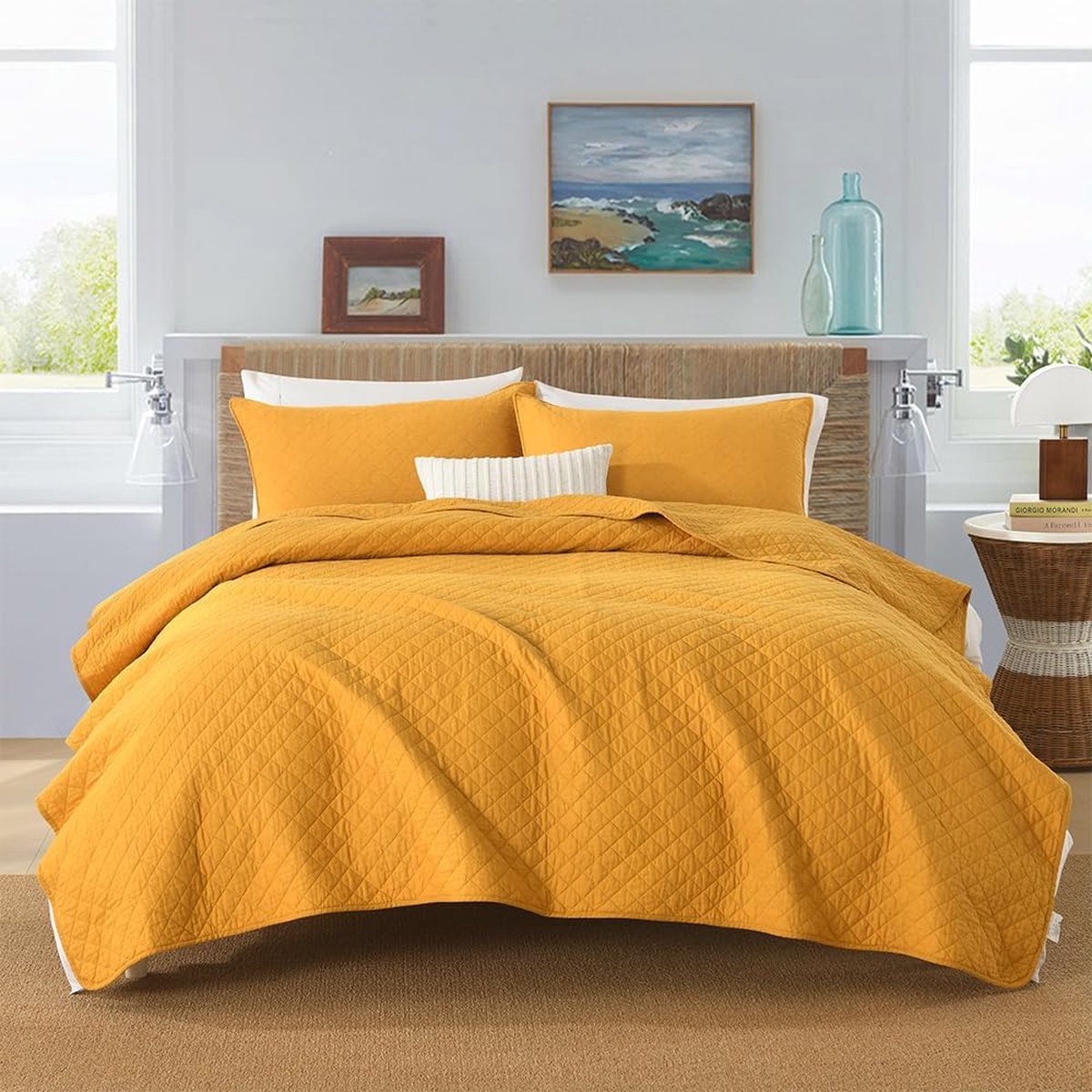 Goodivery ® Zachte Katoenen Bedsprei Set met Kussenslopen, All-Season Deken, Geel, 250 x 270 cm