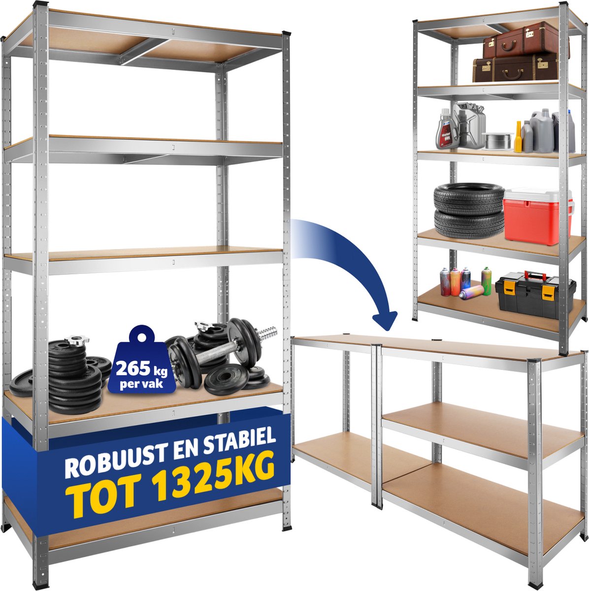 tectake® - Werkplaatsrek met 5 MDF-planken of werkbank - Opbergkast - Kelderkast - Stellingkast - Garagekast voor zware lasten - Div. uitvoeringen - Max. 1325kg