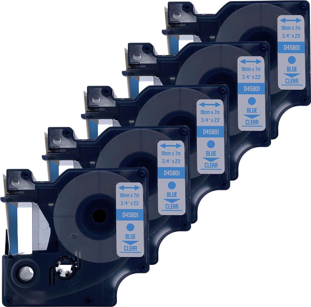 DULA Dymo D1 45801 - S0720810 - Compatible label tape - 5 lettertapes - Blauw op transparant - 19mm x 7m
