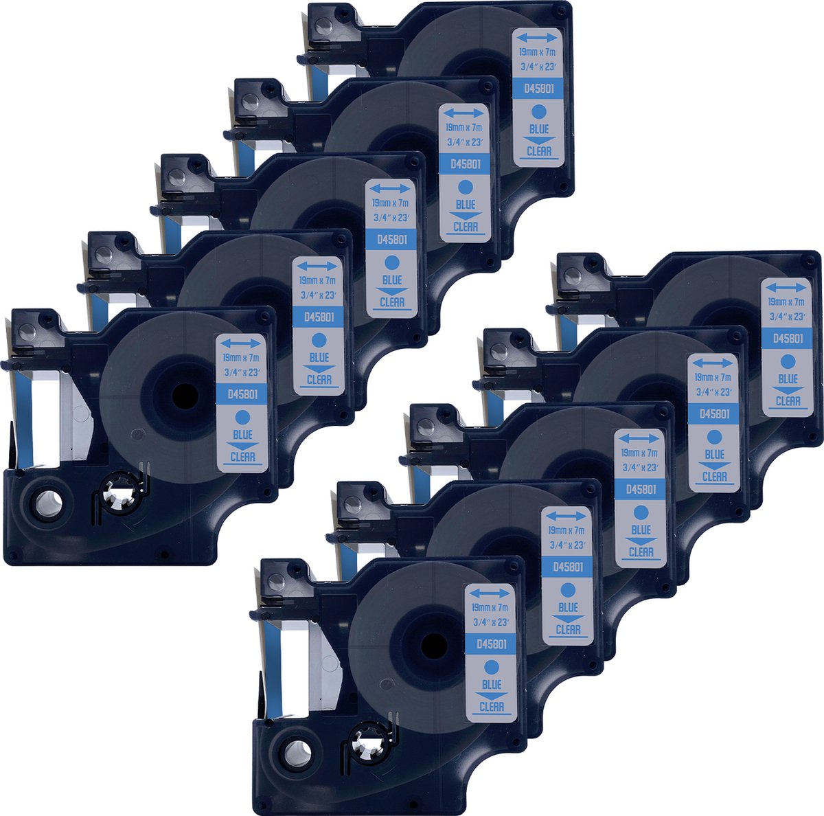 DULA Dymo D1 45801 - S0720810 - Compatible label tape - 10 lettertapes - Blauw op transparant - 19mm x 7m