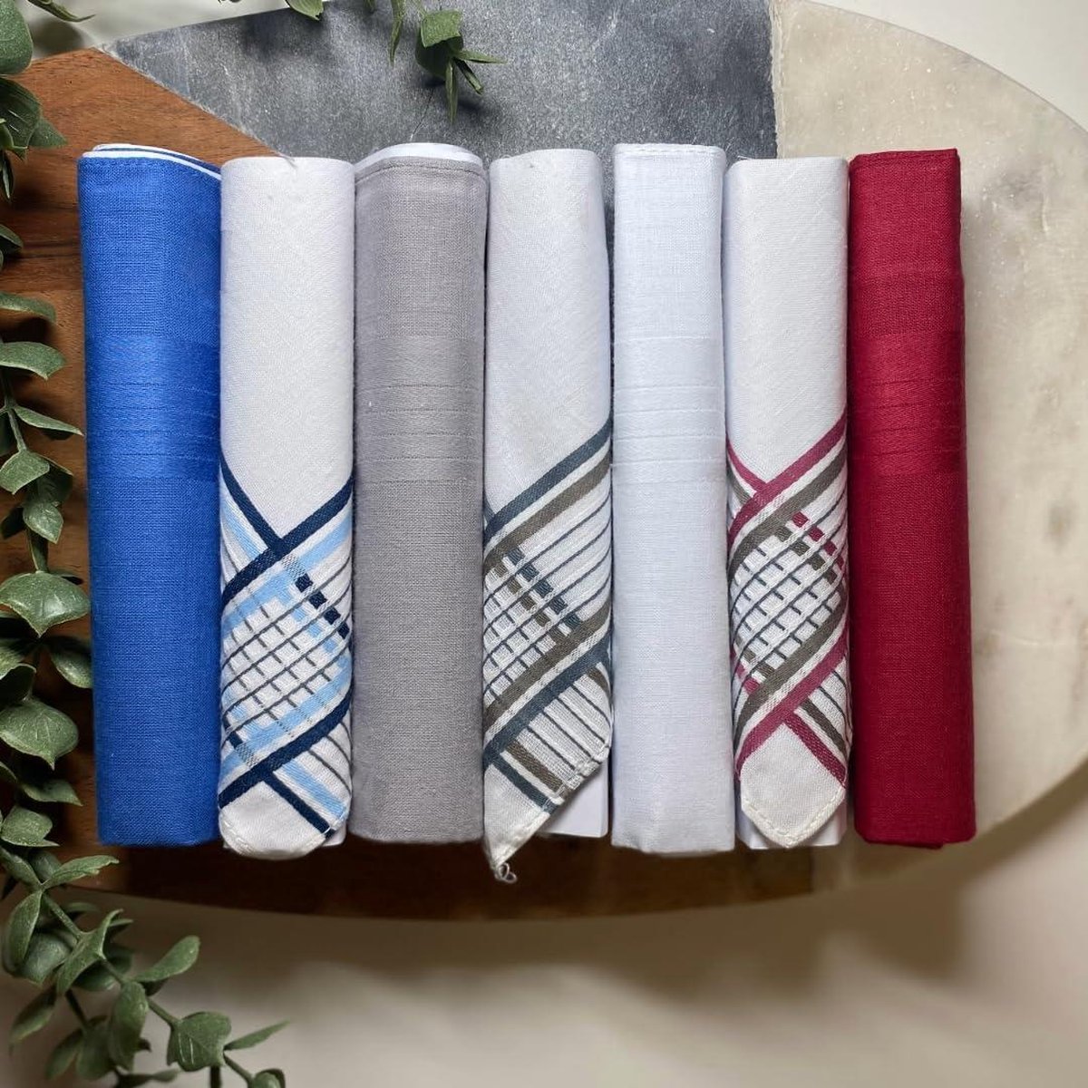 Pack van 6 Heren/Heren geruite en geverfde zakdoeken, blauw of paars met satijnen streep randen, 100% katoen, 40 x 40 cm, Paars, One Size Pack van 6 Heren/Heren geruite en geverfde zakdoeken, blauw of paars met satijnen streep randen, 100% katoen, 40 x 40 cm, Paars, One Size
