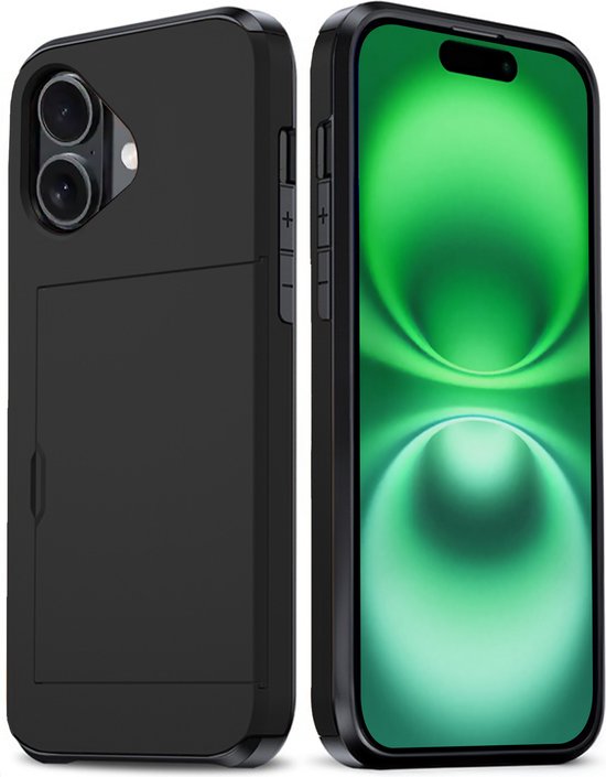 Coque de téléphone noire avec porte-cartes, vue de dos et de côté à côté d'un iPhone.