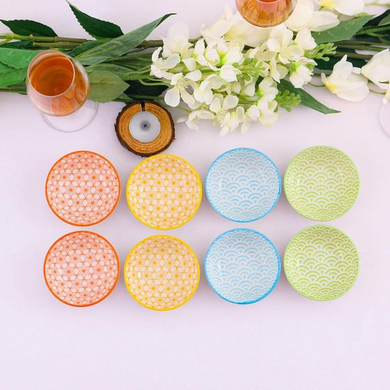 XCRPRT Keramische dipschalen in Japans, 4 stuks dipschaaltjes, aardewerk, dipschalen, bloemenvorm, sausschalen voor sushi, sauzen, snack, olie en sojasaus (11 cm