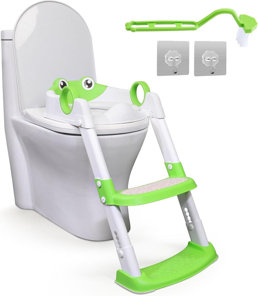 Image of 2-in-1 peuter leren laddertoilet met spatbescherming en anti-slip pad - veilige zindelijkheidstraining voor jongens en meisjes - groen