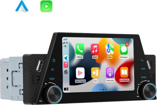 Foto: Boscer 1din autoradio universeel apple carplay android auto draadloos 5 inch hd touchscreen bluetooth usb usb c mp5 ahd achteruitrijcamera externe microfoon