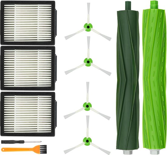 Set stofzuigeronderdelen: drie HEPA filters, drie zijborstels, twee groene rolborstels, schroevendraaier en borsteltje.