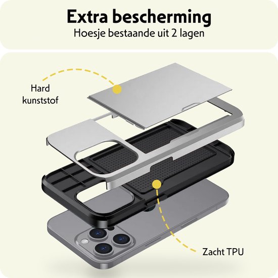 Coque pour iPhone 16 Pro avec porte-cartes, coque rigide avec 2 films de protection d'écran – Coque pour iPhone 16 Pro avec porte-cartes – Grijs