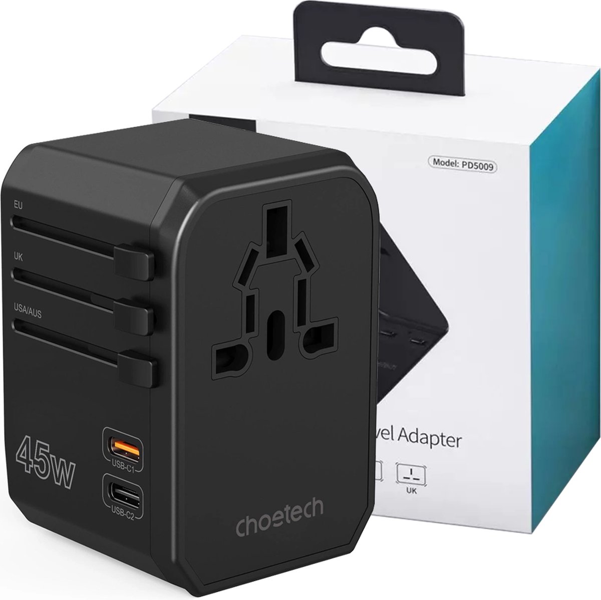 Choetech - PD6045 - USB-C USB-A 45W GaN reislader met US EU UK AU-stekkers - zwart
