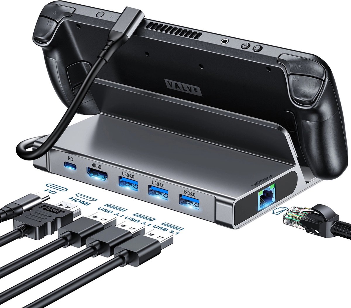 Choetech - M52 - HUB voor Steam Deck USB-C - USB-C PD/USB-A/HDMI/RJ45 - Grijs