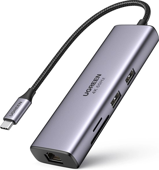 Ugreen 7-in-1 USB-C HUB met 2x USB 3.2, HDMI 4K@60Hz, SD/TF kaartlezer, PD 100W, RJ45 1Gbps grijs