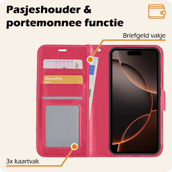 Étui adapté pour iPhone 16 Pro Cover Bookcase Flipcase Book Cover - Étui adapté pour iPhone 16 Pro Case Book Case - Rose foncé