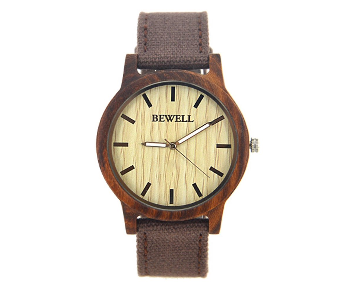Bewell - Houten horloge - Carme Red Sandal- Sportief horloge - Canvas bandje