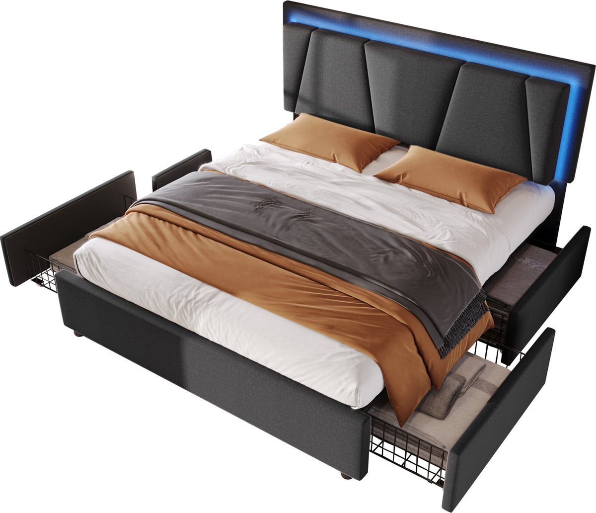 Merax Opgebouwd Bed met LED Verlichting en 4 Laden - Hoofdbord Verstelbaar in Hoogte - Dubbelbed 140x200 cm met Opbergruimte en Houten Lattenbodem - Grijs (Zonder Matras)