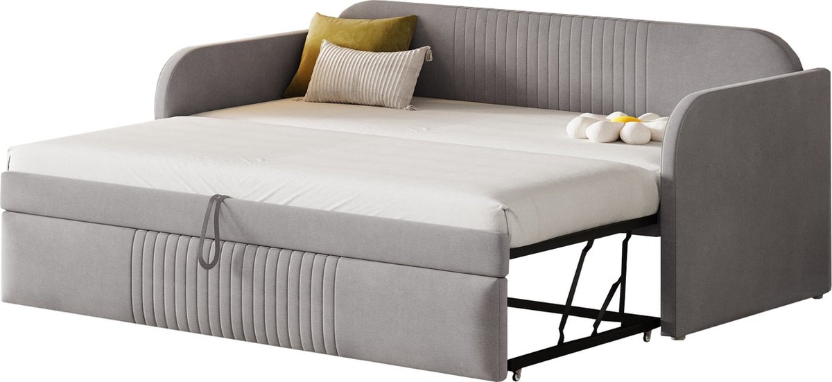 Merax Uitklapbare Slaapbank 90 tot 180x190 – Linnen Bed – Lichtgrijs Bank – Zonder Matras