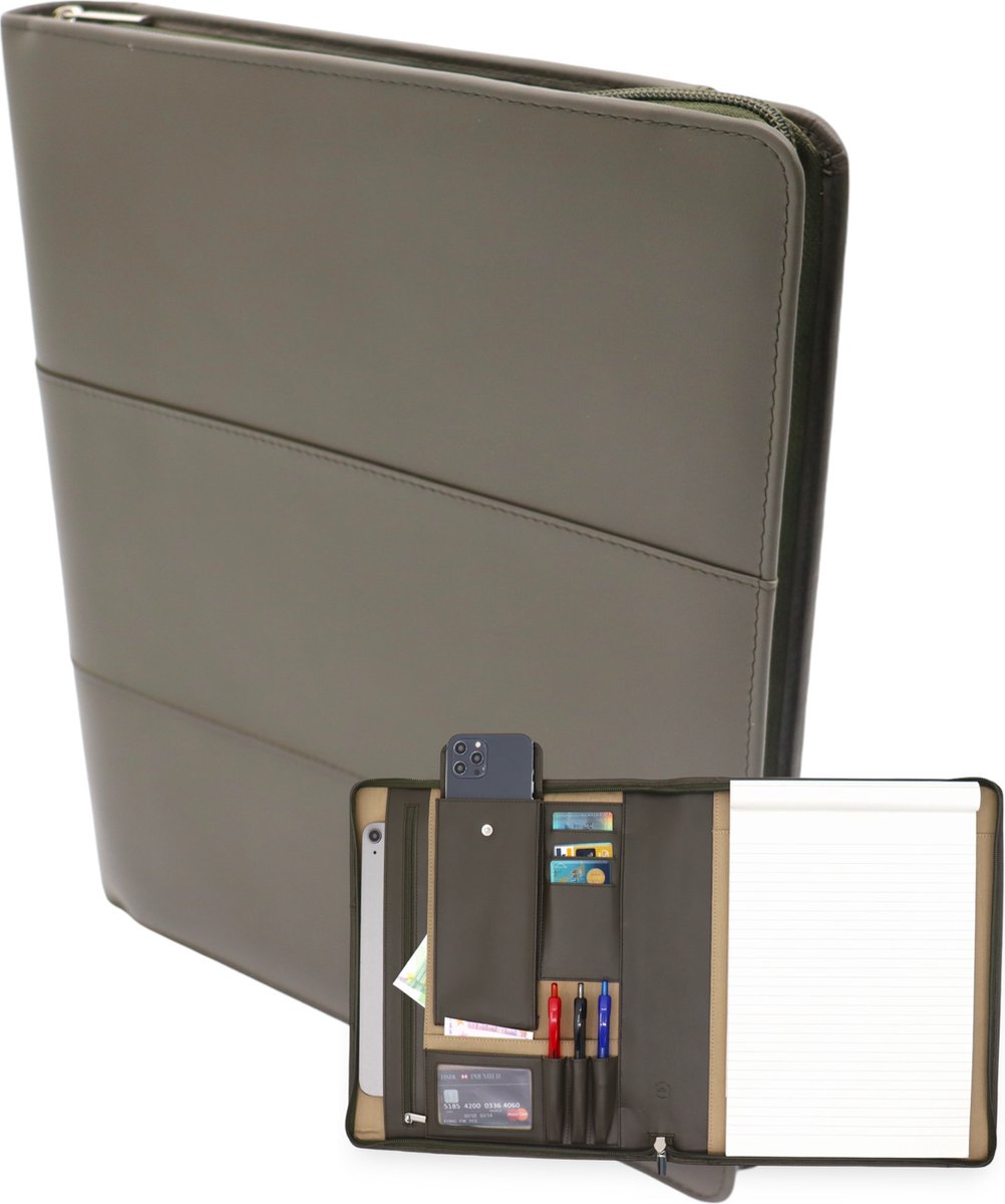 Safekeepers Leren Schrijfmap - Conferentiemap A4 - Werkmap Tablethoes & Laptopsleeve - Uitneembare Ringband - Groen