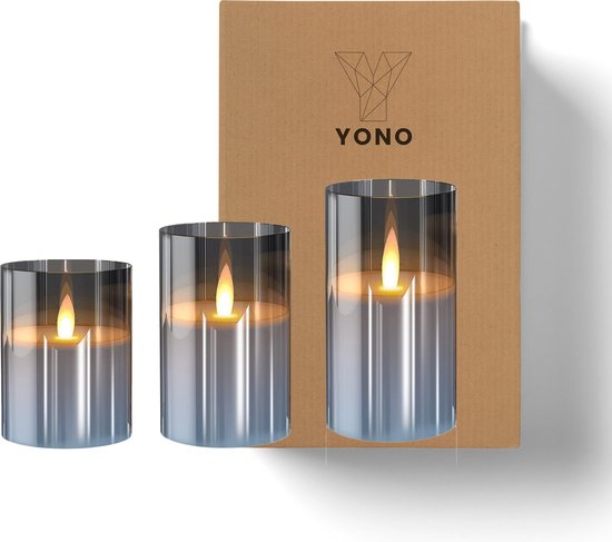 YONO LED Kaarsen à Flamme Mobile - Avec Télécommande avec Minuterie et Fonction de Gradation - 3 Pièces - Verre Fumé