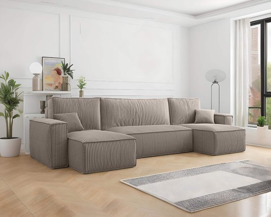 U-bank met opbergruimte Frenkie - Beige - Ribstof Velvet - Slaapbank met opbergruimte - Zetel - Slaapbank - U-zetel - Zetel met slaapgedeelte - 4 zits