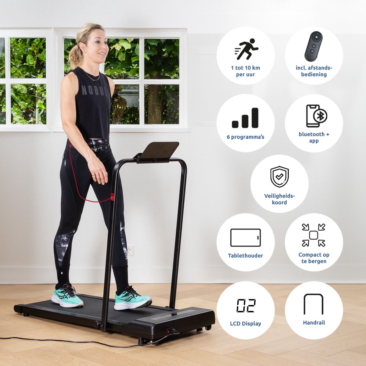 Afbeelding 2 van BluMill Loopband Inklapbaar – 1-10km/u- Wandelband - Led Display en Afstandsbediening – Inc. Tablethouder en Fitness App – Ideaal voor onder sta bureau -Treadmill