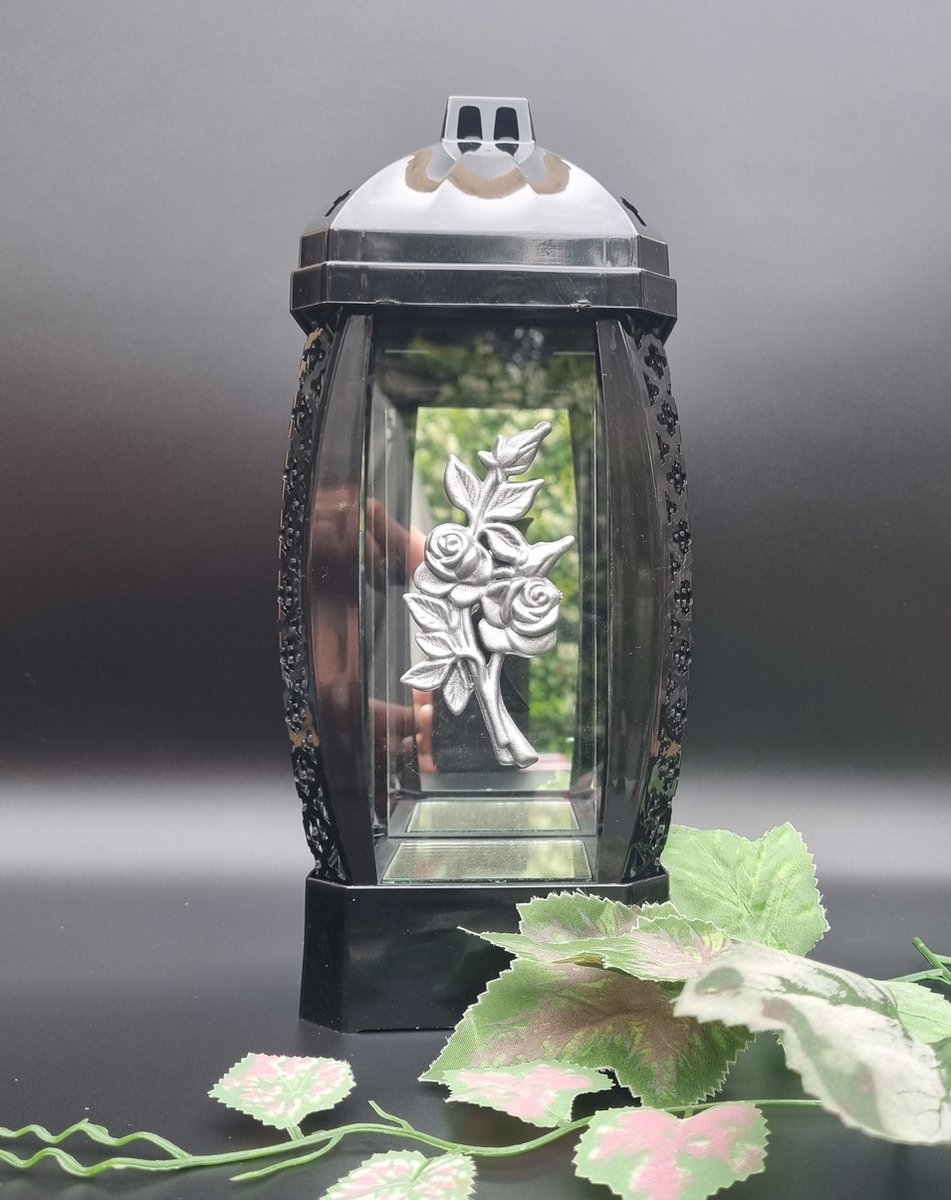 Herdenkingslicht - L-35a - Lantaren - Roos - Zilver - Spiegel - Windlicht - Graflicht - Graflantaarn - Grafdecoratie