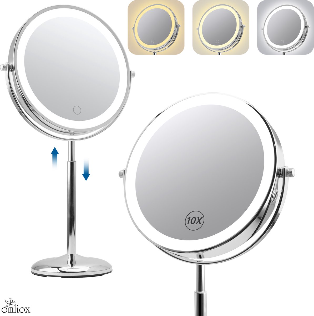 Goedkoopste Omliox® Make Up Spiegel Met LED Verlichting - 10x Vergroting - Dimbare Make-upspiegel - Scheerspiegel - USB Oplaadbaar - Dubbelzijdig x1 - x10