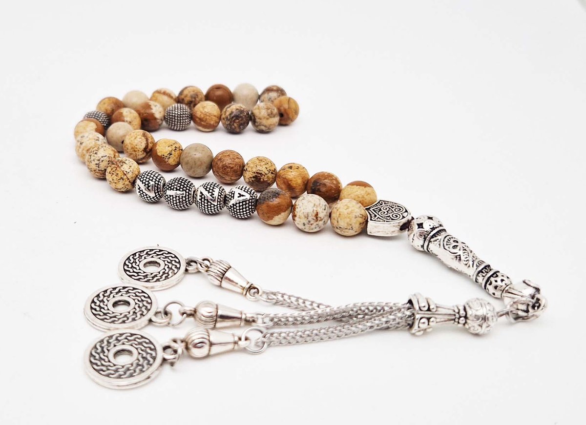 Handgemaakte naam tasbih 33 Kralen Natuursteen “Picture Jasper ” - met metaal tassel “Omarmen"- Met je naam of de naam van uw geliefde- 8 mm diameter van de korrel
