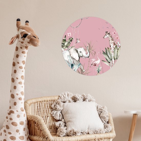 Behangcirkel - Muurstickers kinderkamer - Jungle - Wilde dieren - Roze - Meisje - Ronde wanddecoratie - Sticker behang - Ronde muursticker - 50x50 cm - Muursticker meisjes slaapkamer - Wandsticker - Plak stickers