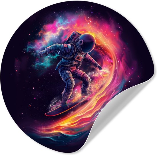 WallCircle® - Behangcirkel 120x120 cm - Muurstickers Astronaut - Ruimte - Surfen - Kleurrijk - Muurcirkel tienerkamer - Slaapkamer decoratie - Tiener kamer accessoires - Wandcirkel jeugdkamer