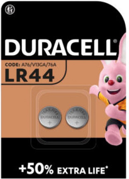 Duracell LR44 batterijen, A76/V13GA/76A, in bruine en zwarte verpakking met roze konijn.