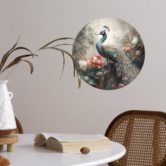 WallCircle - Stickers muraux - Cercle Papier Peint - Paon - Plumes De Paon - Vogel - Jungle - Fleurs - 30x30 cm - Cercle Mural - Auto Adhésif - Autocollant Rond Papier Peint