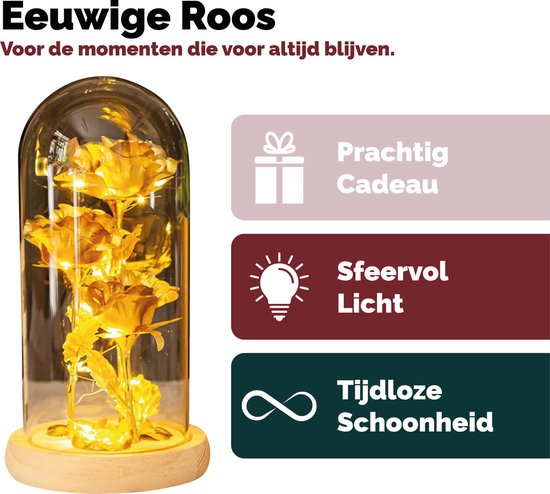 Gouden roos in glazen stolp met warme LED-verlichting en iconen voor cadeau, sfeervol licht en tijdloze schoonheid.