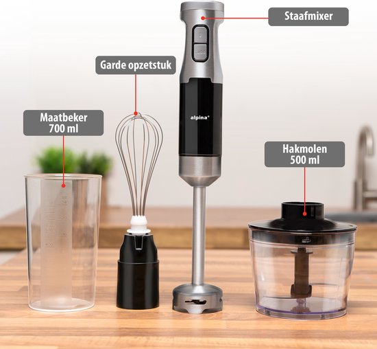 alpina Staafmixer Set HB6700F-N - Staafmixer met Hakmolen - Handmixer Elektrisch - Garde - Klopper - 1000W - Incl. 700ML Maatbeker - Mixer 4-in-1 - BPA-Vrij - RVS van Merkloos — afbeelding 3
