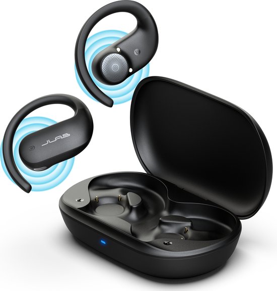 JLab JBuds Open Sport Draadloze Oordopjes - Open Ear Sport Oortjes - 26 uur Batterijduur - IP55 Zweetbestendig - Bluetooth 5.3 - Multipoint - USB C - Zwart