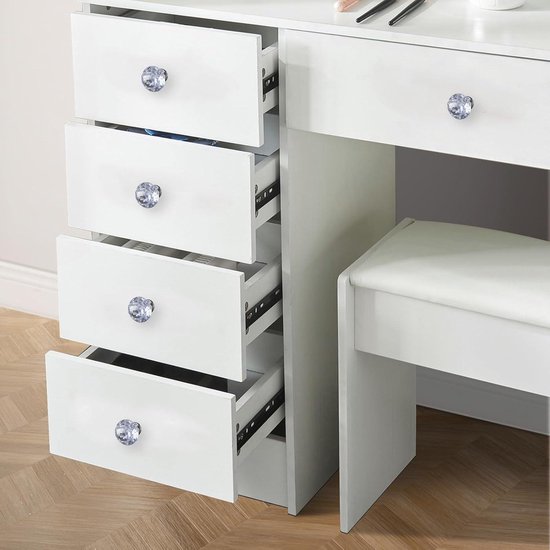 Kaptafel met Spiegel en kruk, make-uptafel met 3-Kleurige Instelbare LED Verlichting, cosmeticatafel met 6 laden 6 planken voor slaapkamer 80x36x131cm