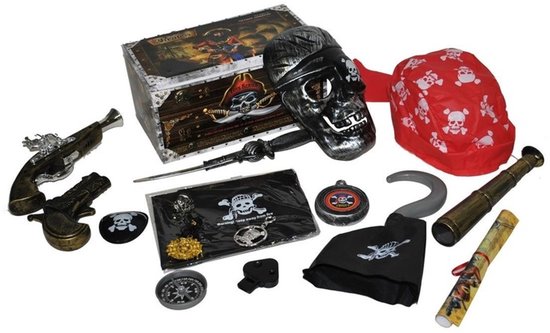 Ensemble d'accessoires coffre au trésor pirate 15 pièces (2 pistolets, main crochet, jumelles, crâne, drapeau, bandana, cache-oeil, poignard, carte au trésor, ...)