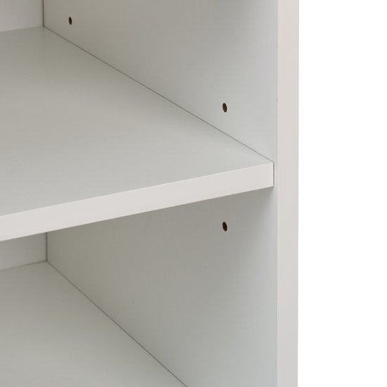 Detail van witte legborden in een kast met schroefgaten.