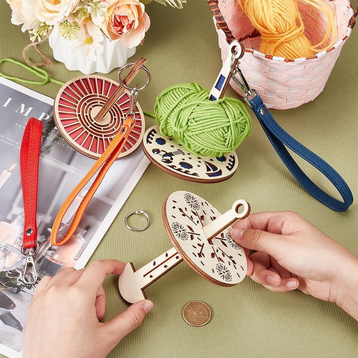 Houten Pols Garen Ball Houder met Polsband - Garen Spinner