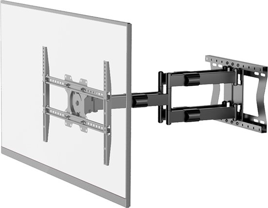 Support mural TV noir avec bras extensibles, à gauche avec un téléviseur transparent.