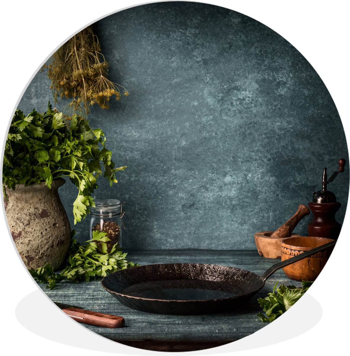 WallCircle Wandcirkel 90x90 - Kruiden - Specerijen - Pan - Mes - Grijs - Rustiek - Ronde schilderijen woonkamer - Wandbord rond - Muurdecoratie cirkel - Kamer decoratie binnen - Wanddecoratie muurcirkel - Woonaccessoires Stilleven - Rustiek - Kruiden