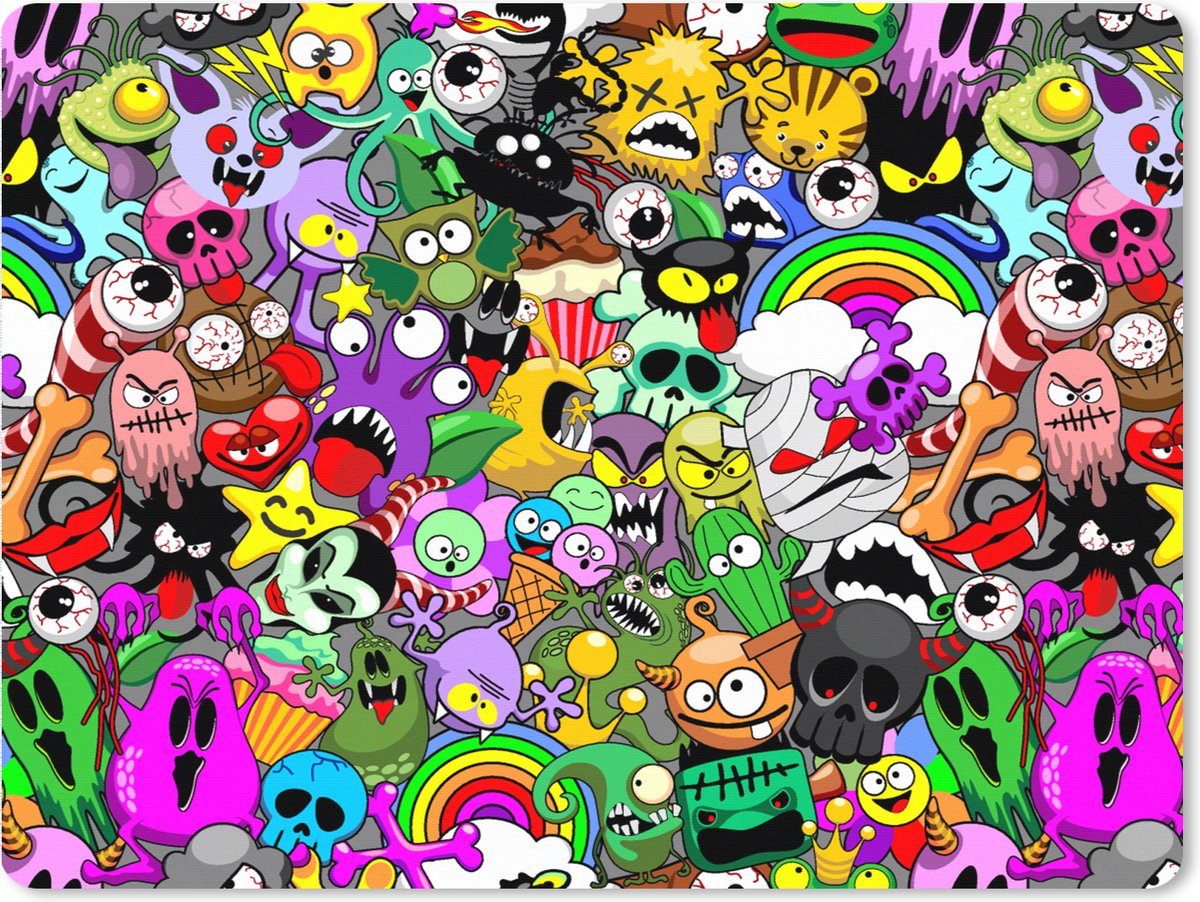 Muismat XXL 80x60 cm - Bureau onderlegger - Bureau mat Tieners - Monster - Doodle - Patronen - Bureaumat - Gaming mousepad xl - Bureaulegger groot - Computer deskmat