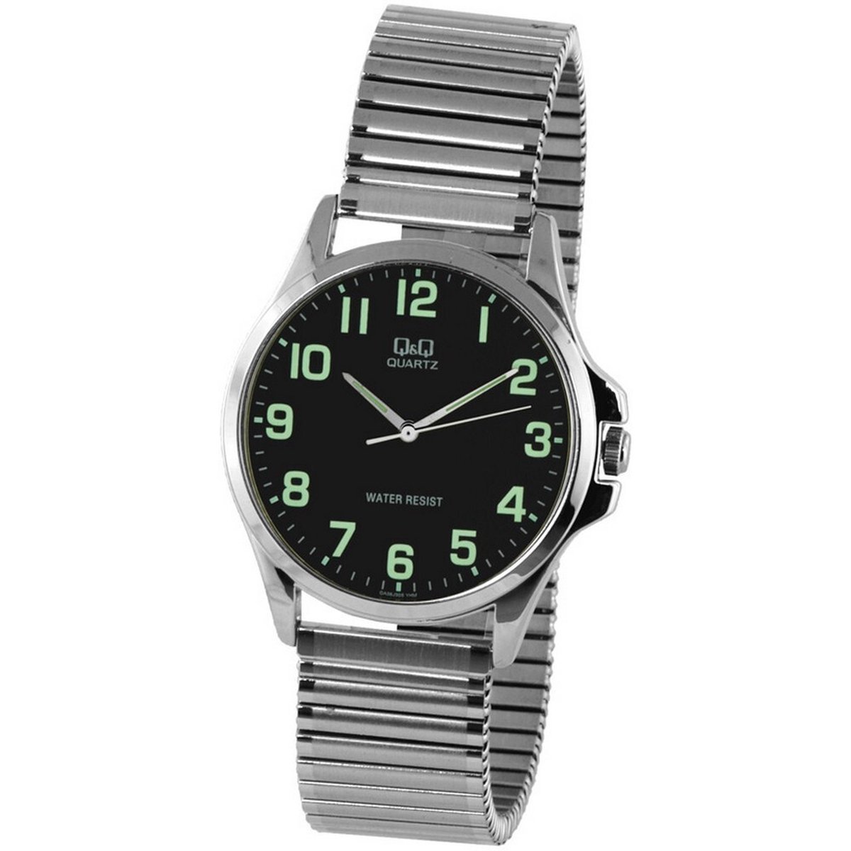 QQ QA06J805Y - Horloge - Analoog - Heren - Mannen - Rekbare stalen band - Rond - Metaal - Cijfers - Zilverkleurig - Zwart - Groen - 3ATM