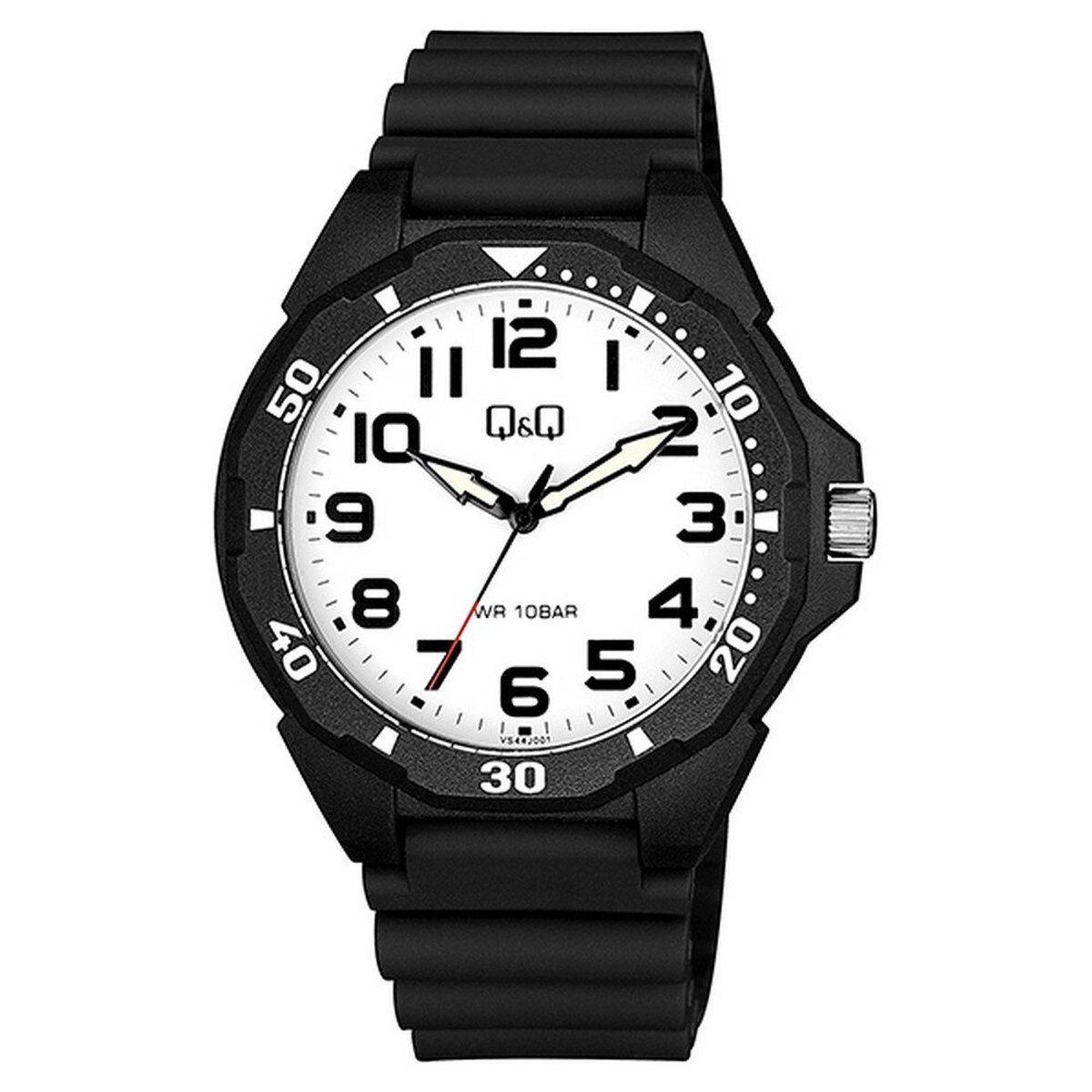 QQ VS44J001Y - Horloge - Sport - Analoog - Mannen - Heren - Plastic band - Rond - Cijfers - Metaal - Zwart - Wit - 10 ATM
