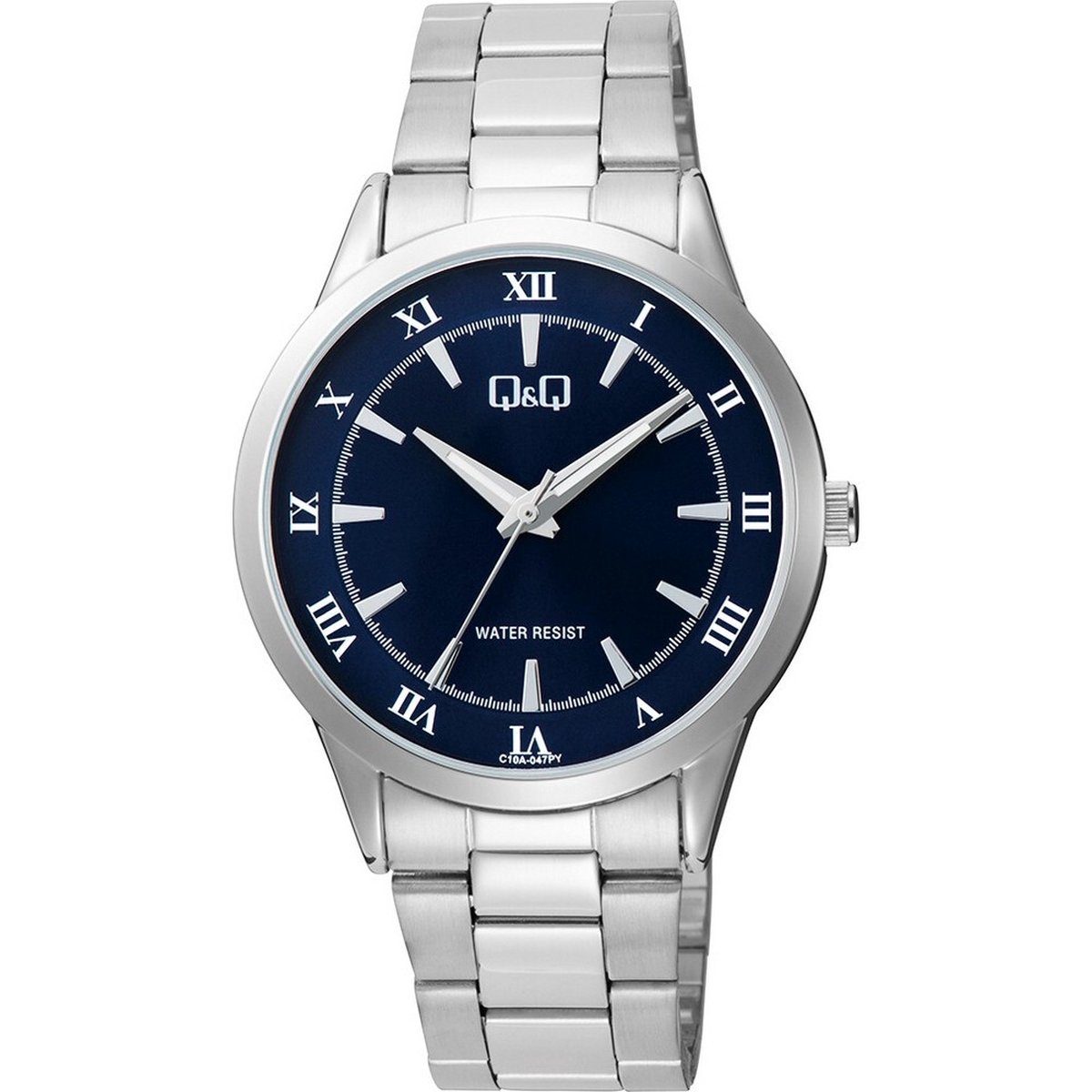 QQ C10A-047PY - Horloge - Analoog - Heren - Mannen - stalen band - Rond - Metaal - Romeinse Cijfers - Zilverkleurig - DonkerBlauw