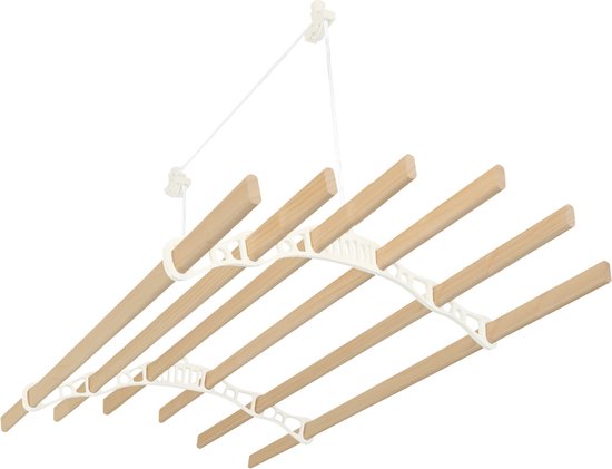 Sèche-linge plafond avec système de poulies en Ivoire, 6 Lattes en bois de 1,8m | Capacité de charge de 30 kg | Kit de montage GRATUIT | Étendoir suspendu pour Vêtements