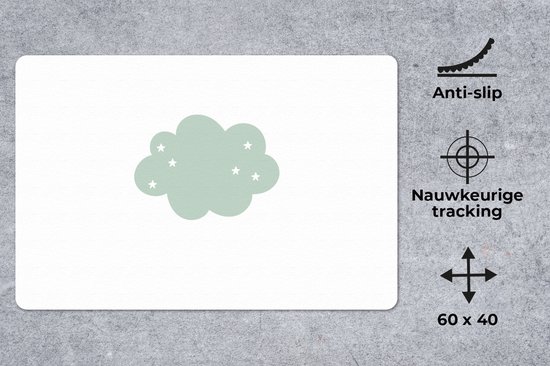 Lichtgroene muismat met wolk en sterren, 60x40 cm, anti-slip, nauwkeurige tracking.