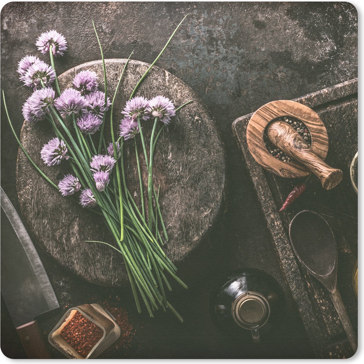 Muismat 30x30 cm - Mousepad Bieslook - Keuken - Vijzel - Rustiek - Kruiden - Paars - Muismatten
