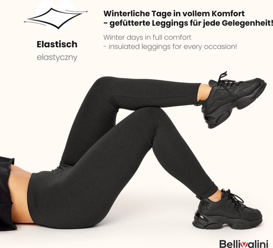 Vrouw liggend, draagt een donkere, 'elastische' legging en zwarte sneakers. De tekst luidt 'Winterliche Tage in vollem Komfort - gefütterte Leggings für jede Gelegenheit!' (Winter days in full comfort - insulated leggings for every occasion!).