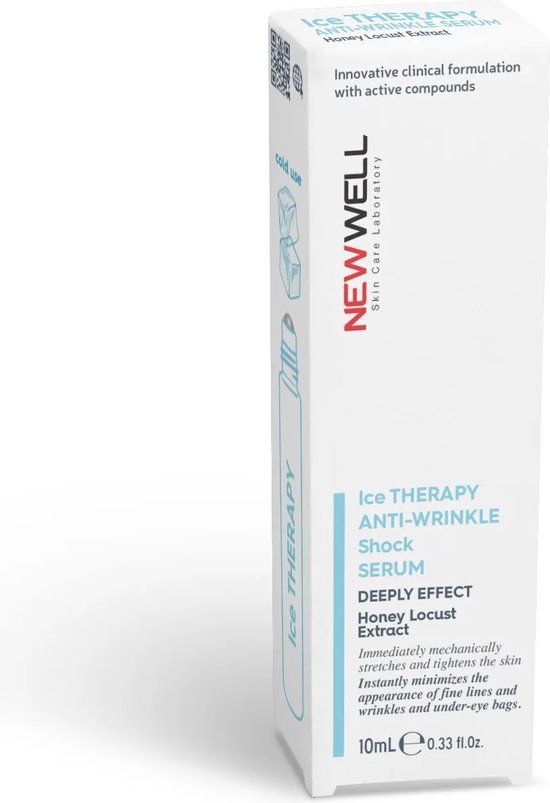 Witte verpakking van een serum met de tekst 'Ice Therapy Anti-Wrinkle Shock Serum Honey Locust Extract'.