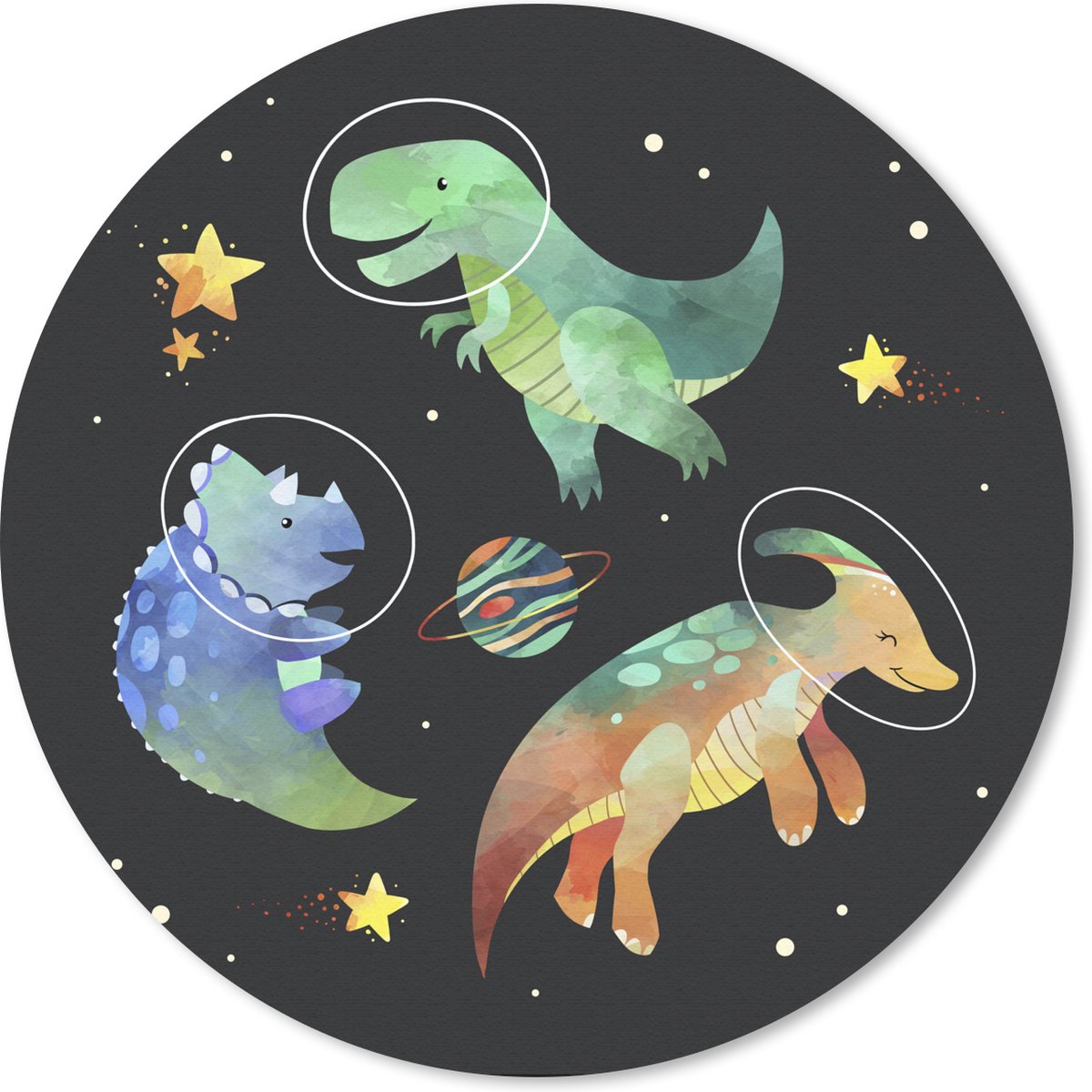 Muismat rond 50x50 cm - Mousepad Ruimte - Dinosaurus - Sterren - Kind - Jongens - Kids - Kinderen - Ronde muismatten