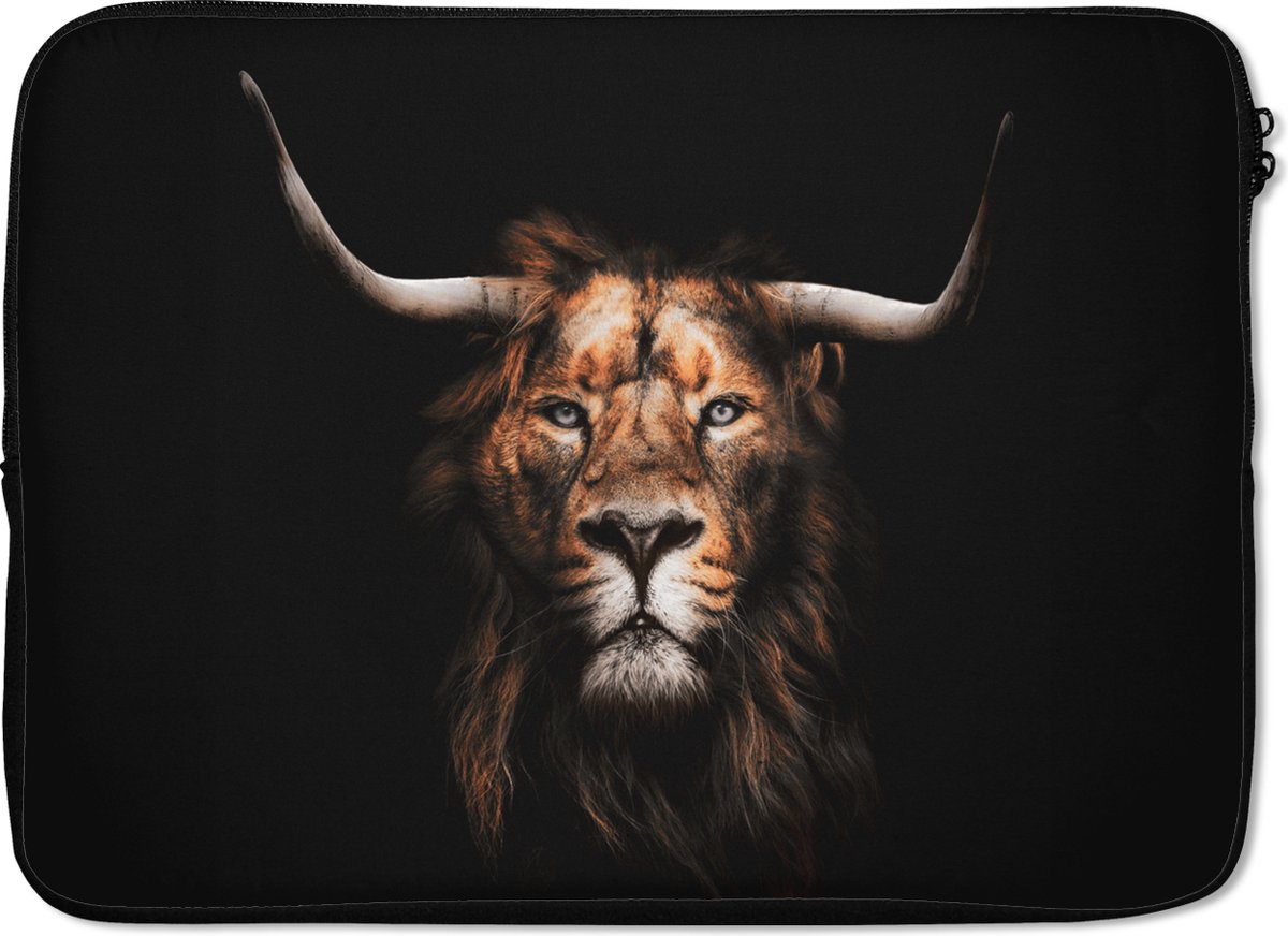 Laptophoes 14 inch - Leeuw - Zwart - Vacht - Laptop sleeve - Binnenmaat 33x23 cm - Zwarte achterkant